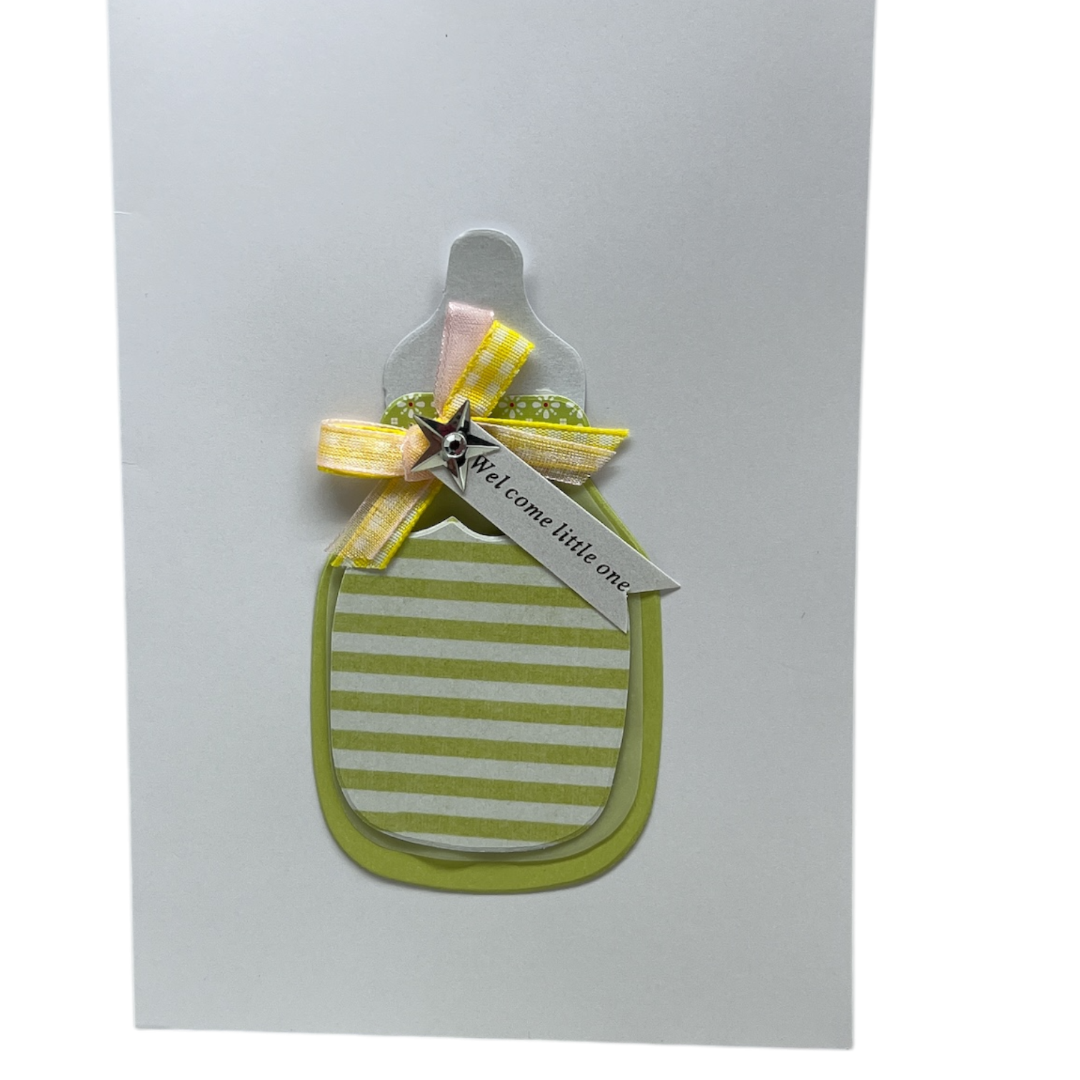 Handmade Embellished Welcome Baby Card - Green Baby Bottle