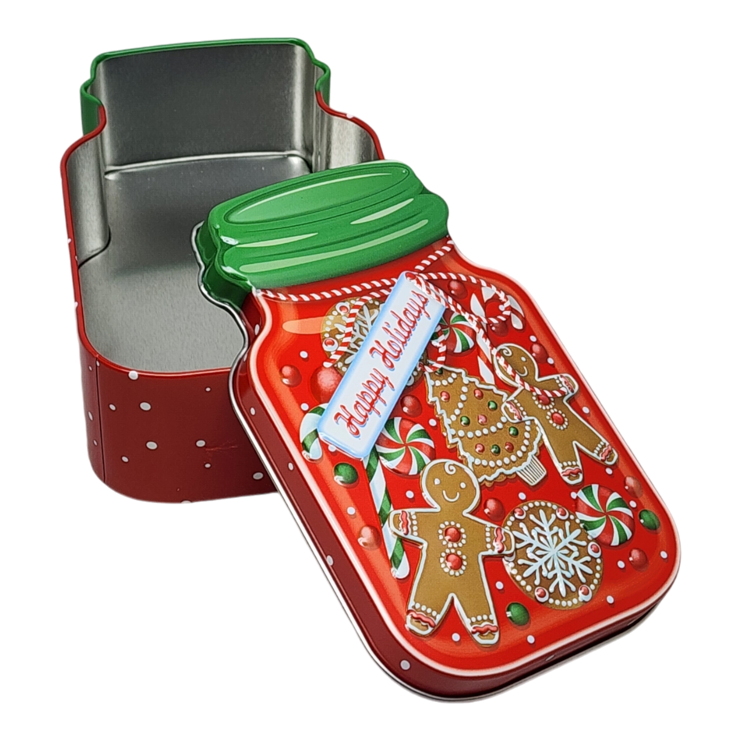 Jar Shaped Christmas Cookie Gift Tin - Happy Holidays Gingerbread