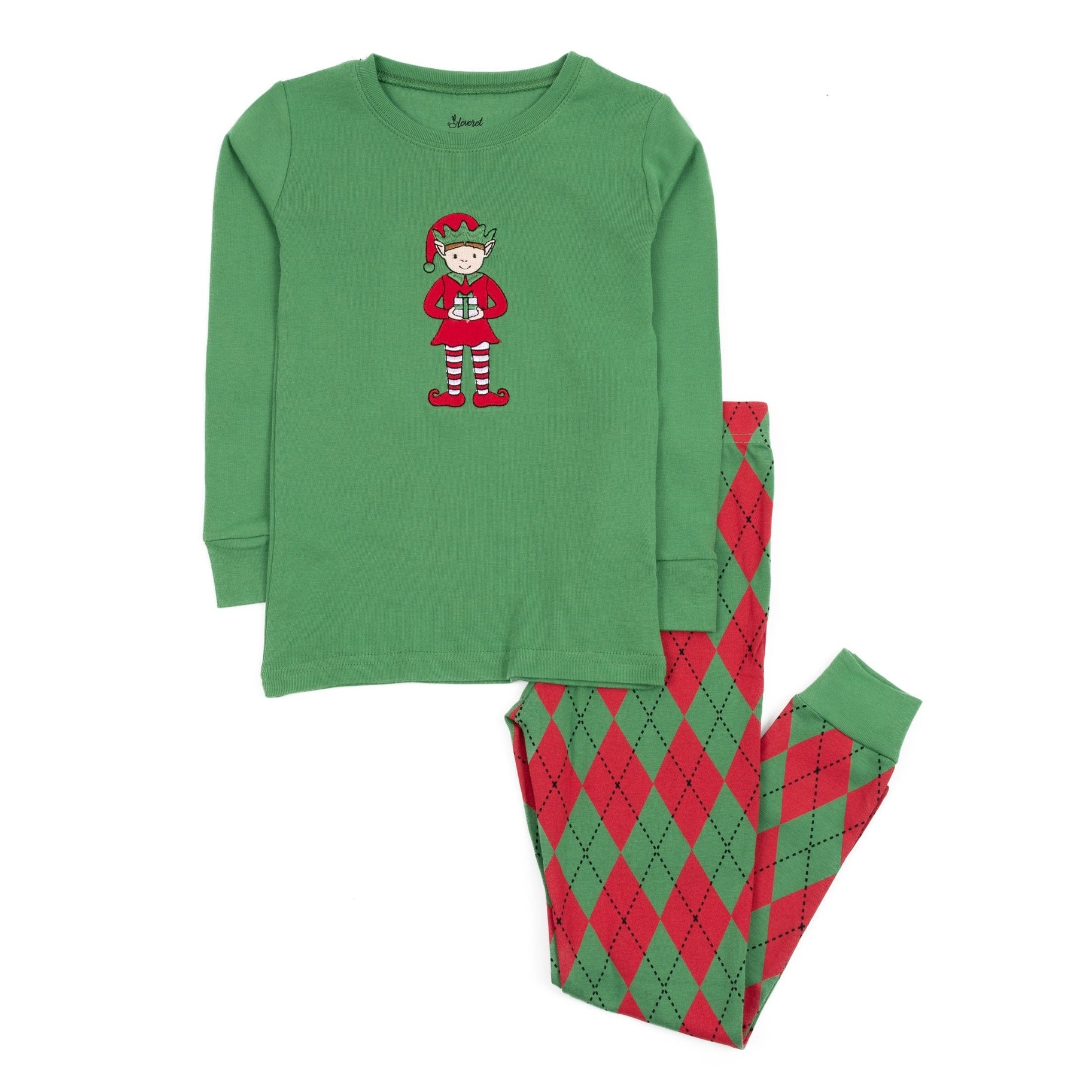 Kids Two Piece Cotton Pajamas Elf Argyle Red And Green -