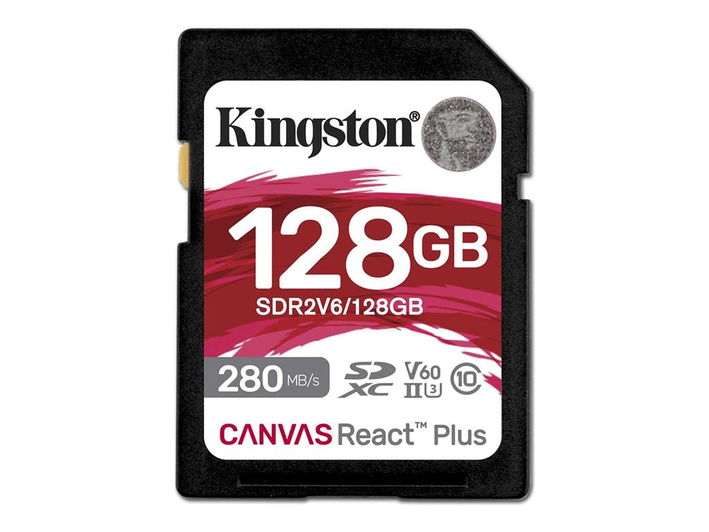 Kingston Canvas React Plus - Flash memory card - 128 GB - Video Class V60 / UHS-II U3 / Class10 - SDXC UHS-II SDR2V6/128GB