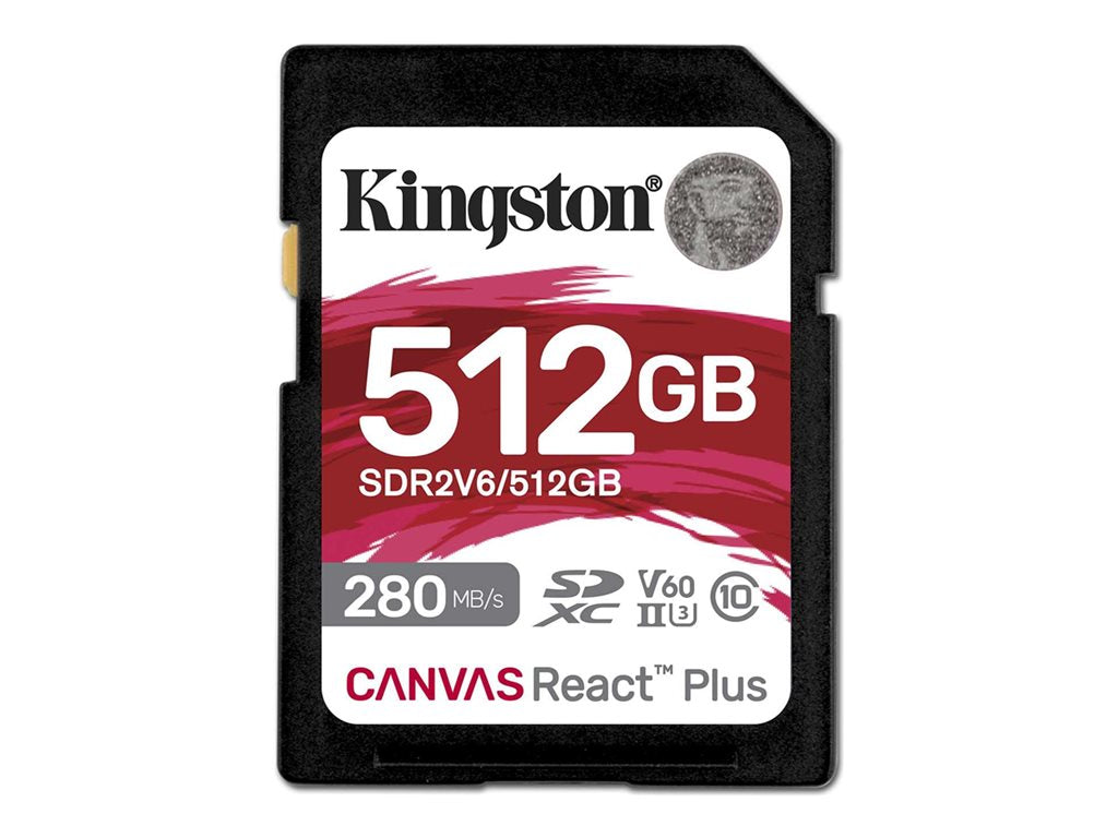 Kingston Canvas React Plus - Flash memory card - 512 GB - Video Class V60 / UHS-II U3 / Class10 - SDXC UHS-II SDR2V6/512GB