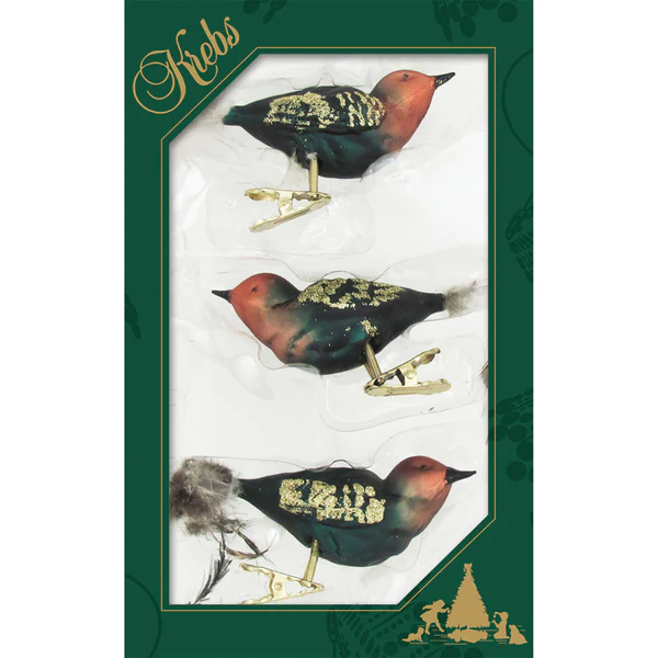 Krebs Green and Brown Matte Clip-on Glass Birds - 3 Pack