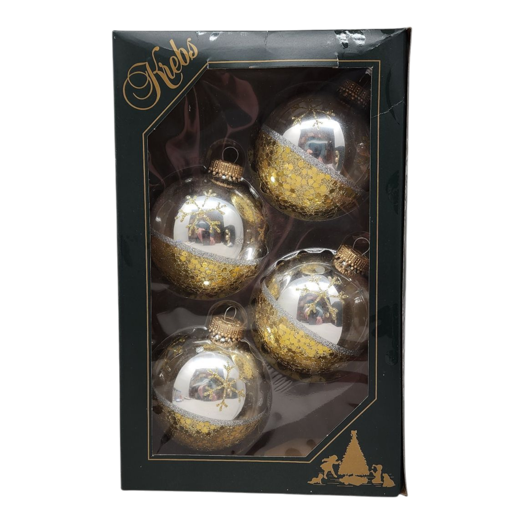 Krebs Value Glass Ornament 4 pack - Golden Snowflakes and Sequins