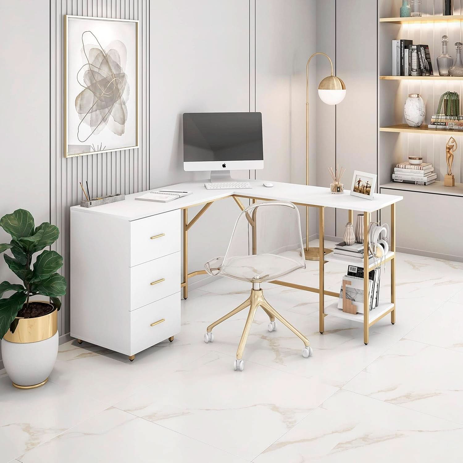 L Shaped Corner Desk Two Tone With Drawers And Shelves For Home Office