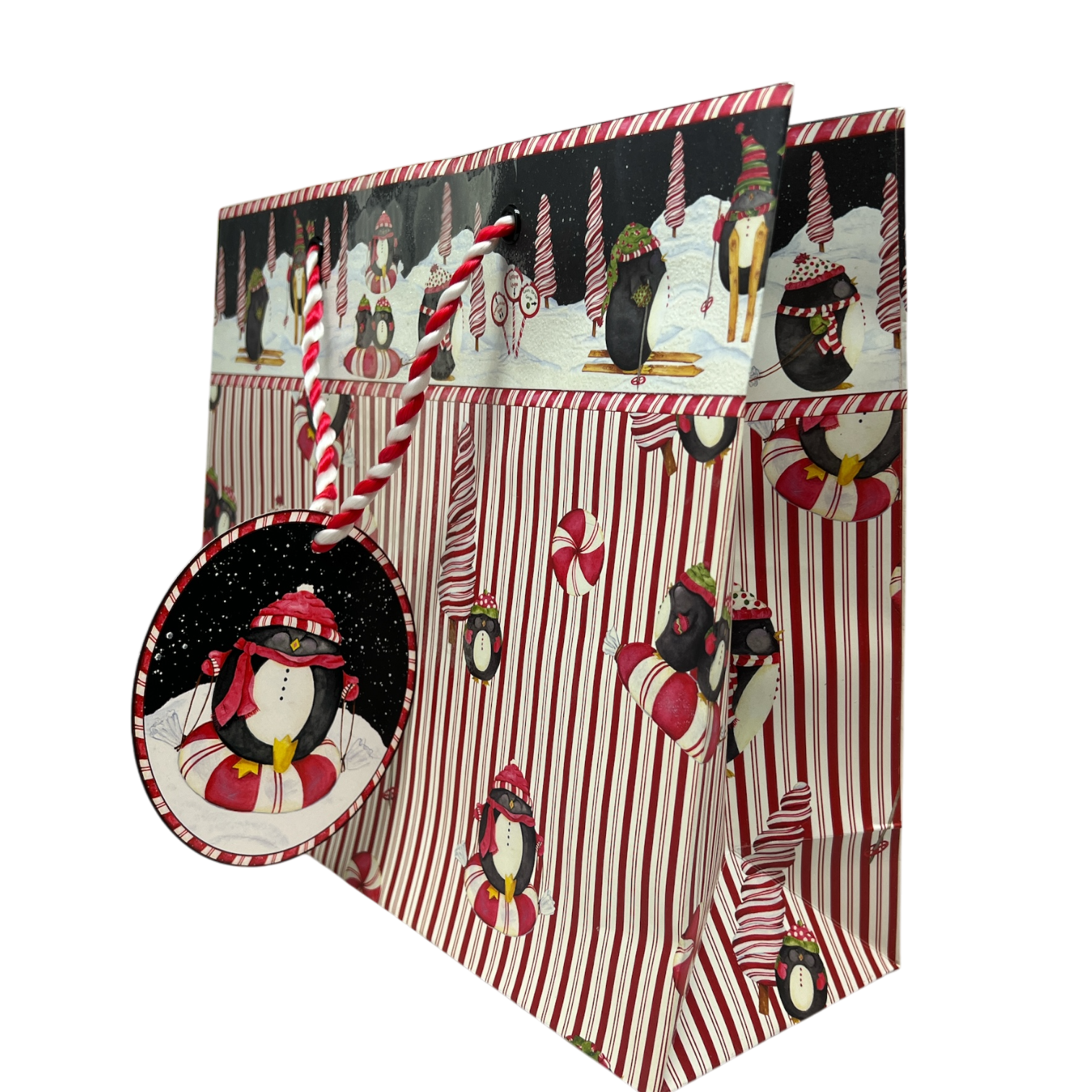 Large Gift Bag - Sledding candy cane penguins