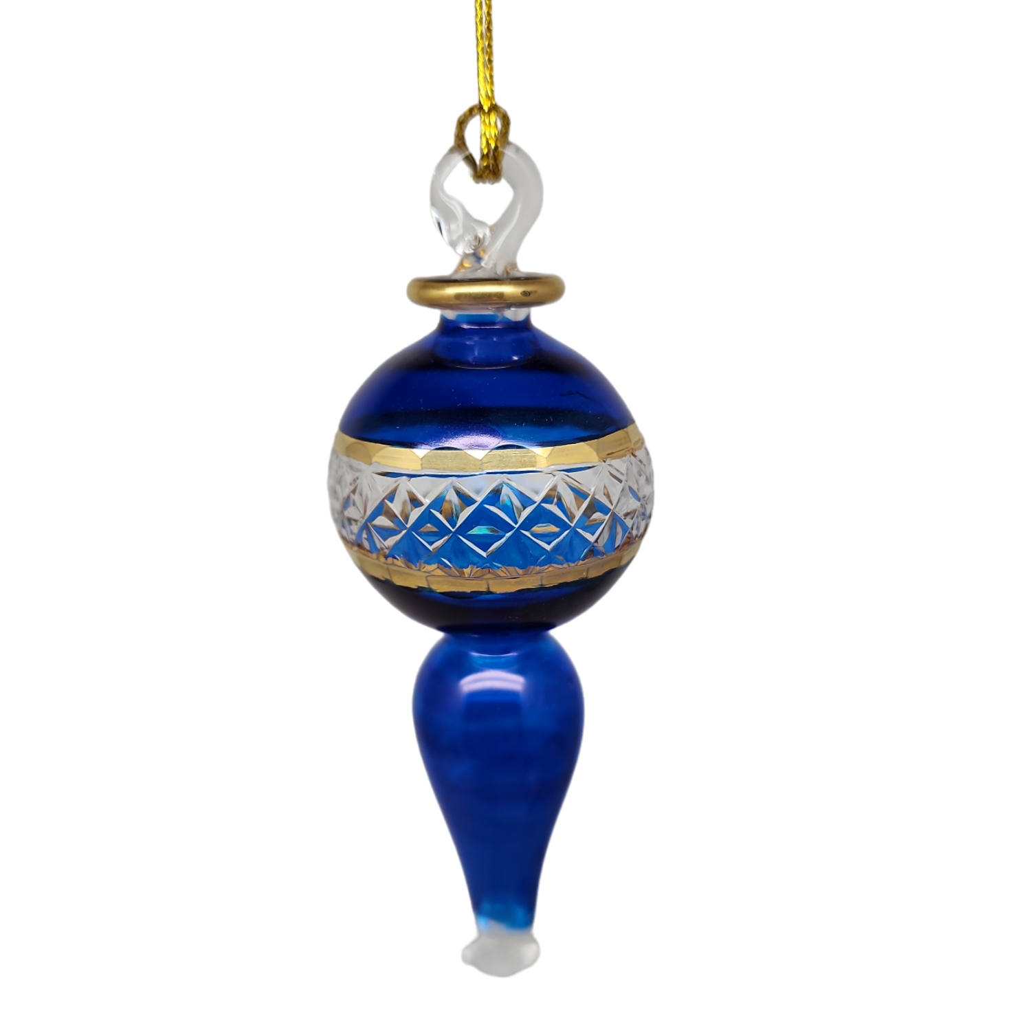 Lattice Glass Ornaments With Gold Accents - Blue Ball with Finial