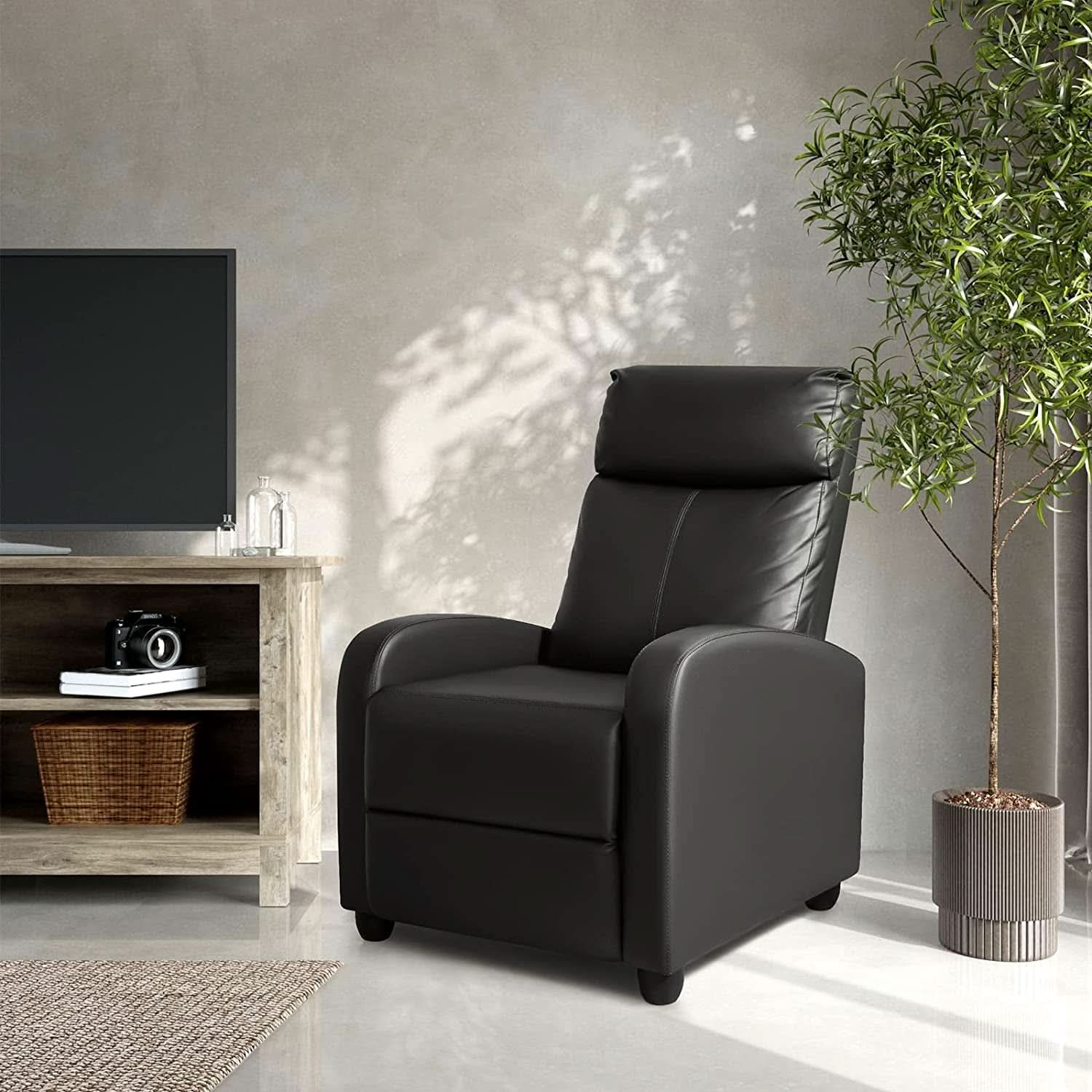 Leather Recliner Chair With Lumbar Support, Black, 90 To 180 Degree Adjustable