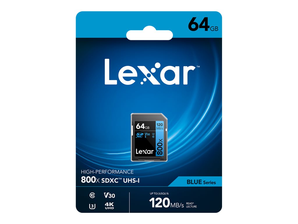 Lexar High Performance BLUE Series - Flash memory card - 64 GB - Video Class V30 / UHS-I U3 / Class10 - 800x - SDXC UHS-I LSD0800P064G-BNNNU