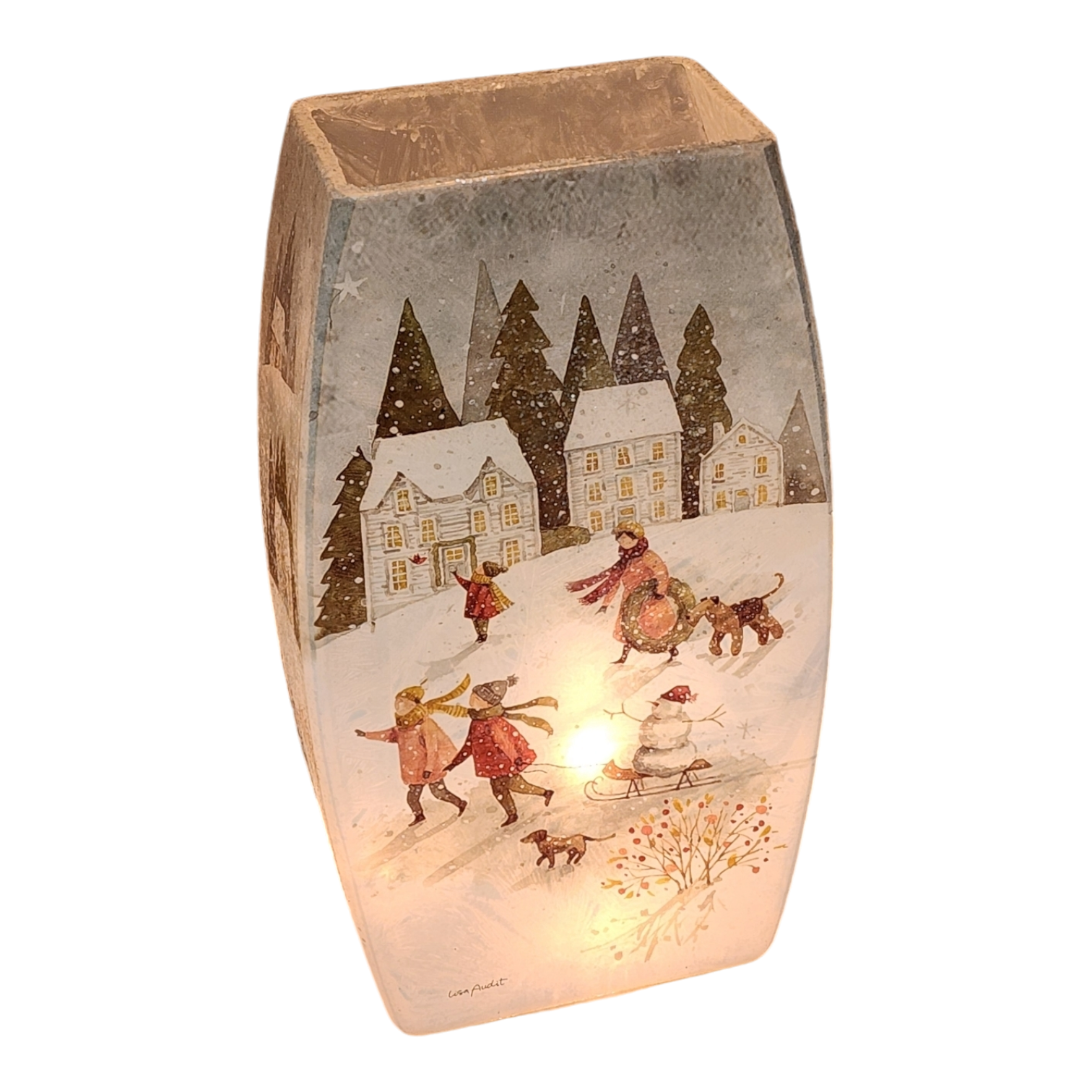 Lighted Glass Vase - Magical Winterland - Three Houses - 7¾ Inches tall
