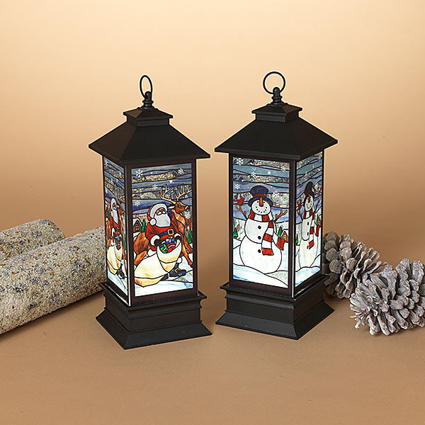 Lighted Spinning Stained Glass Style Water Globe Lantern - Snowman