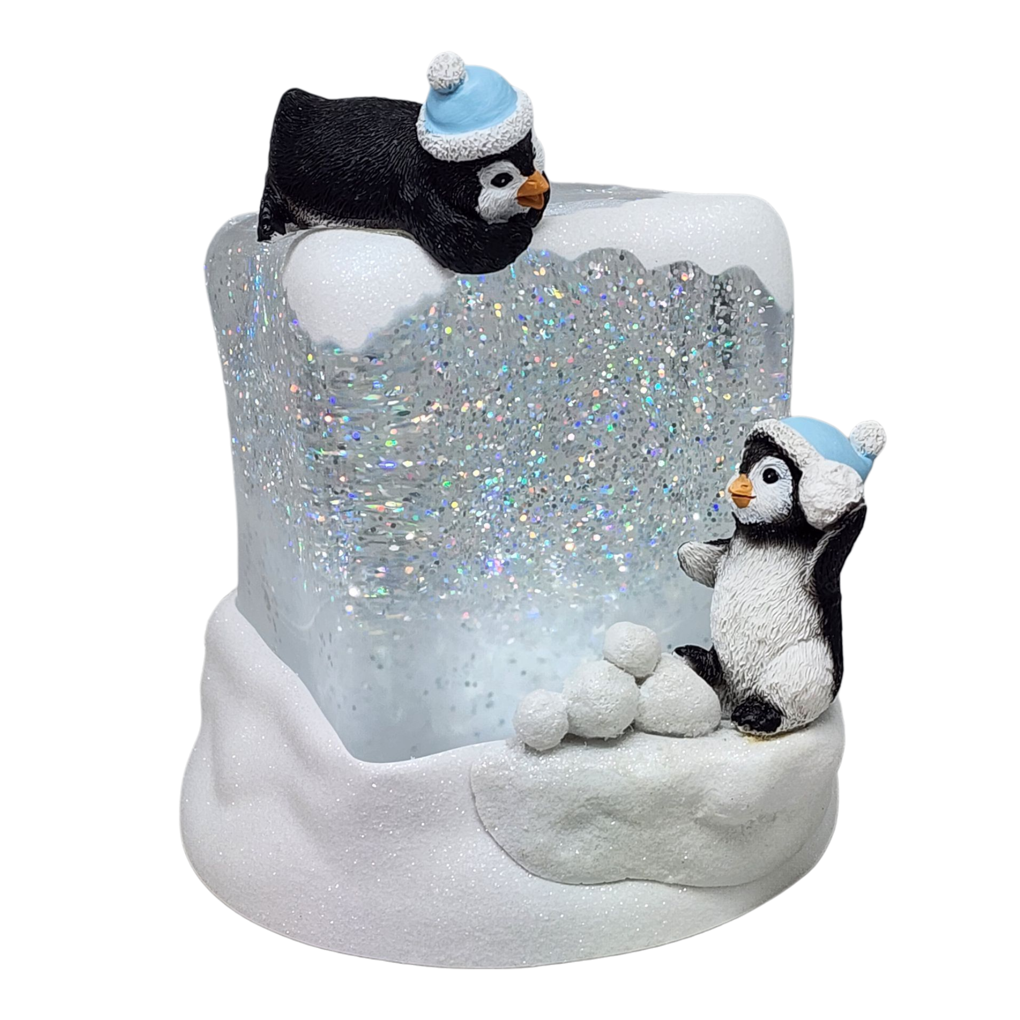 Lighted Swirl Snowglobe Cube with Penguins
