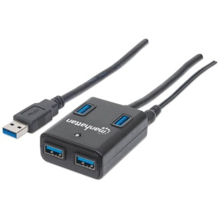 Manhattan USB-A 4-Port Hub, 4x USB-A Ports, 5 Gbps (USB 3.2 Gen1 aka USB 3.0), AC or Bus Power, Fast charge up to 0.9A per port with inc power adapter, SuperSpeed USB, Black, Three Year Warranty, Blister (With Euro 2-pin plug)