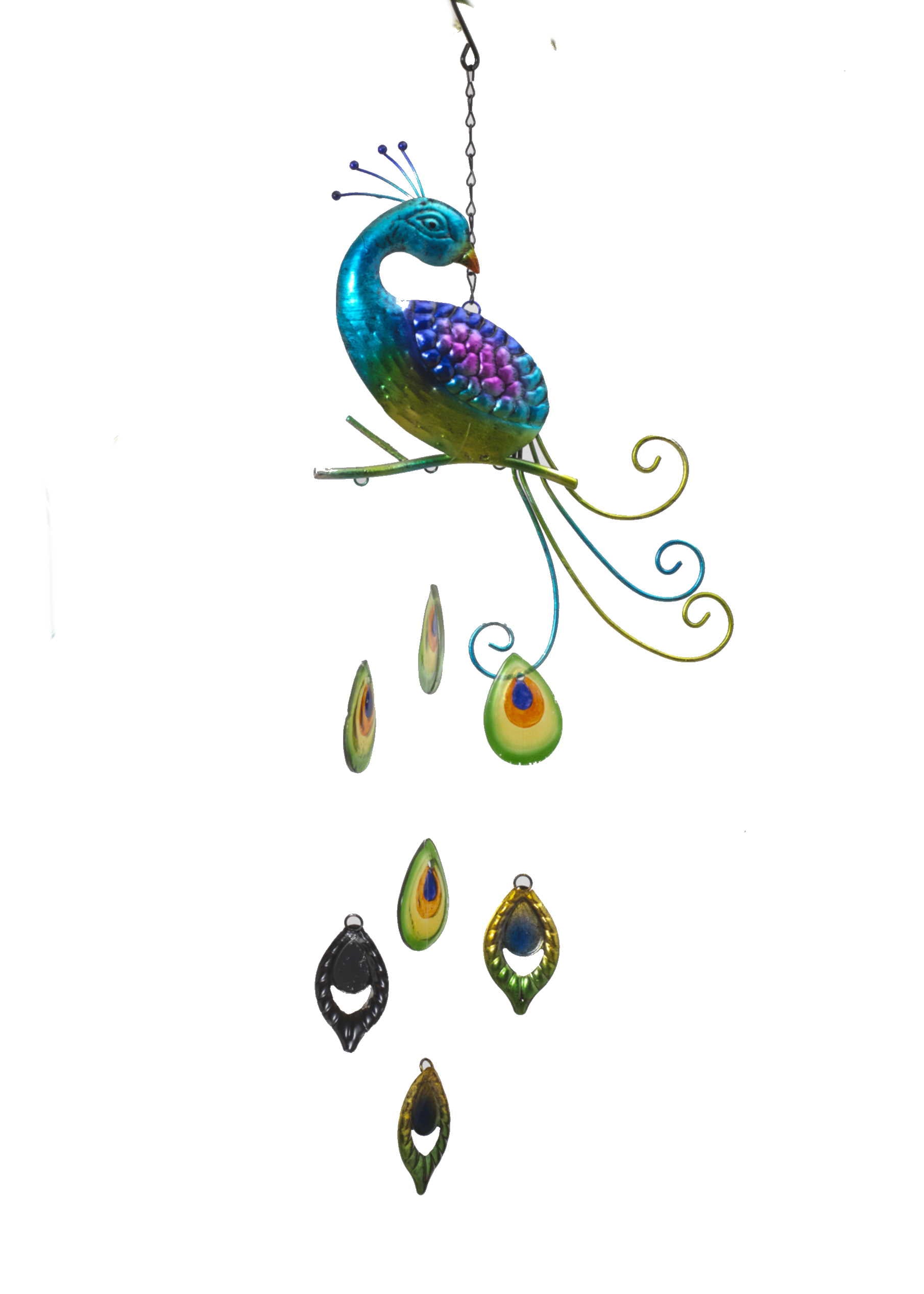 Metal & Fused Glass Peacock Wind Chime - Turquoise
