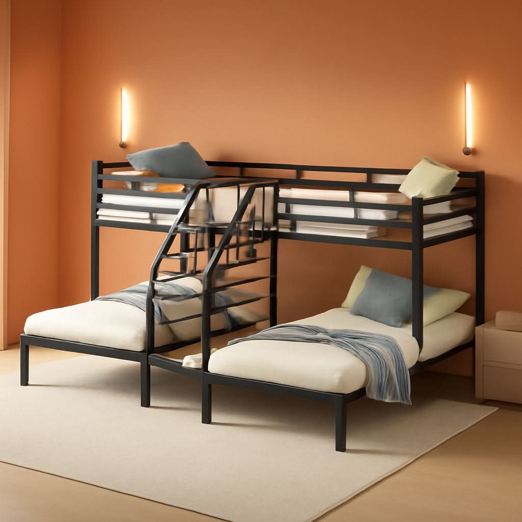 Metal Triple Bunk Bed Twin Over Twin With Staircase Black