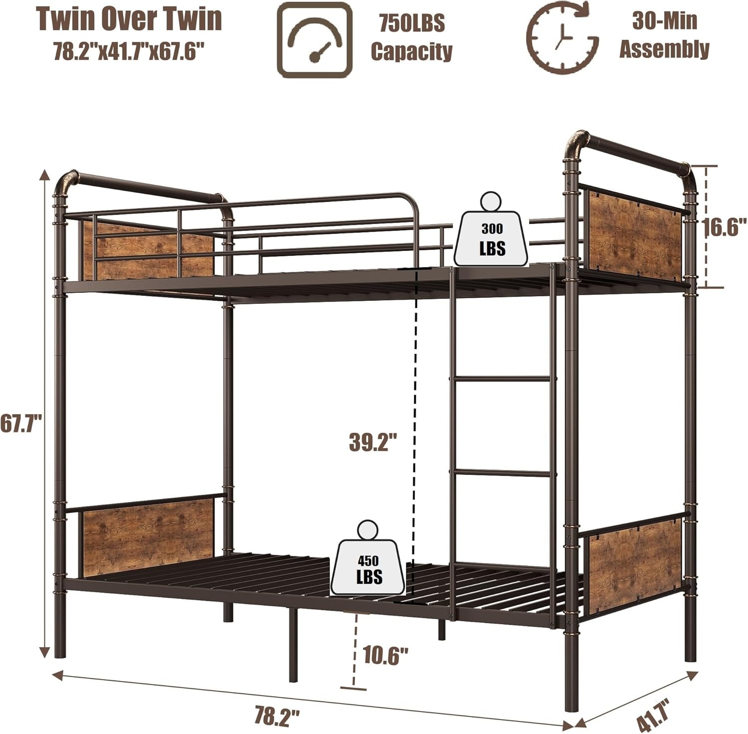 Metal Twin Over Twin Bunk Bed For Kids Heavy Duty Vintage Brown