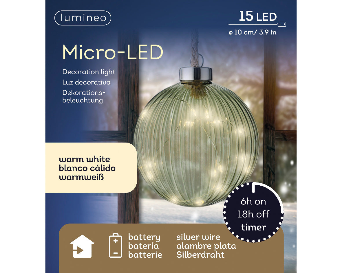 Micro LED Lighted Glass Ball Ornament - Green with Warm White Lights