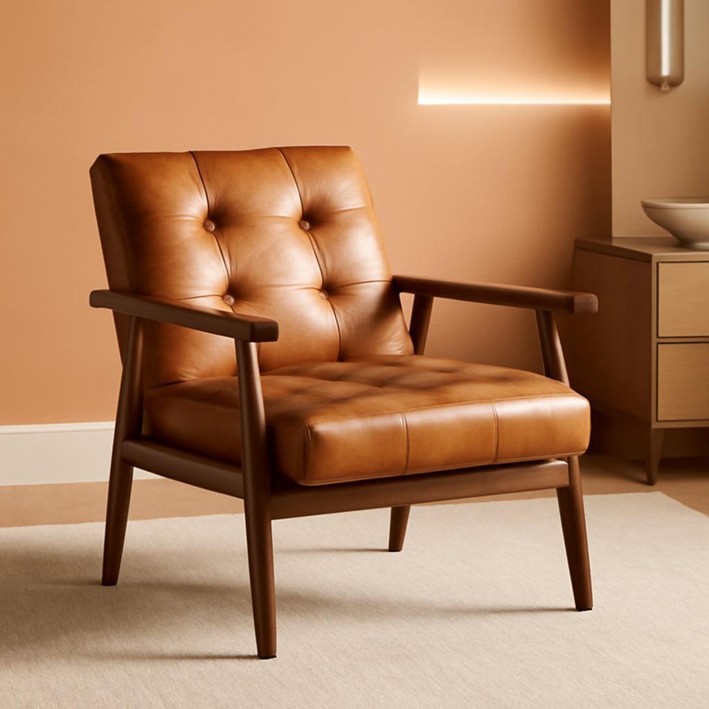Mid Century Leather Accent Chair With Wooden Arms Brown