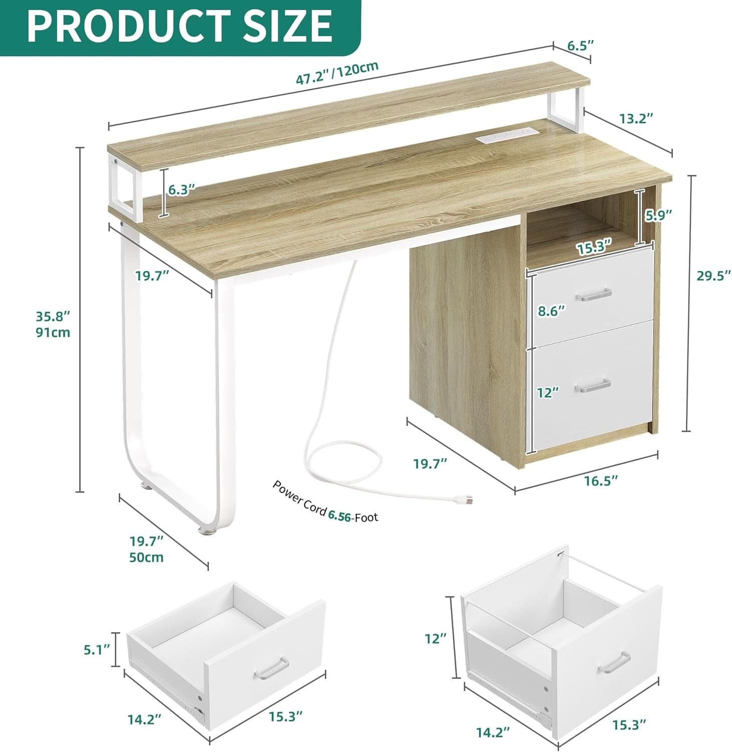 Modern Computer Desk with Drawers Power Outlets LED Light