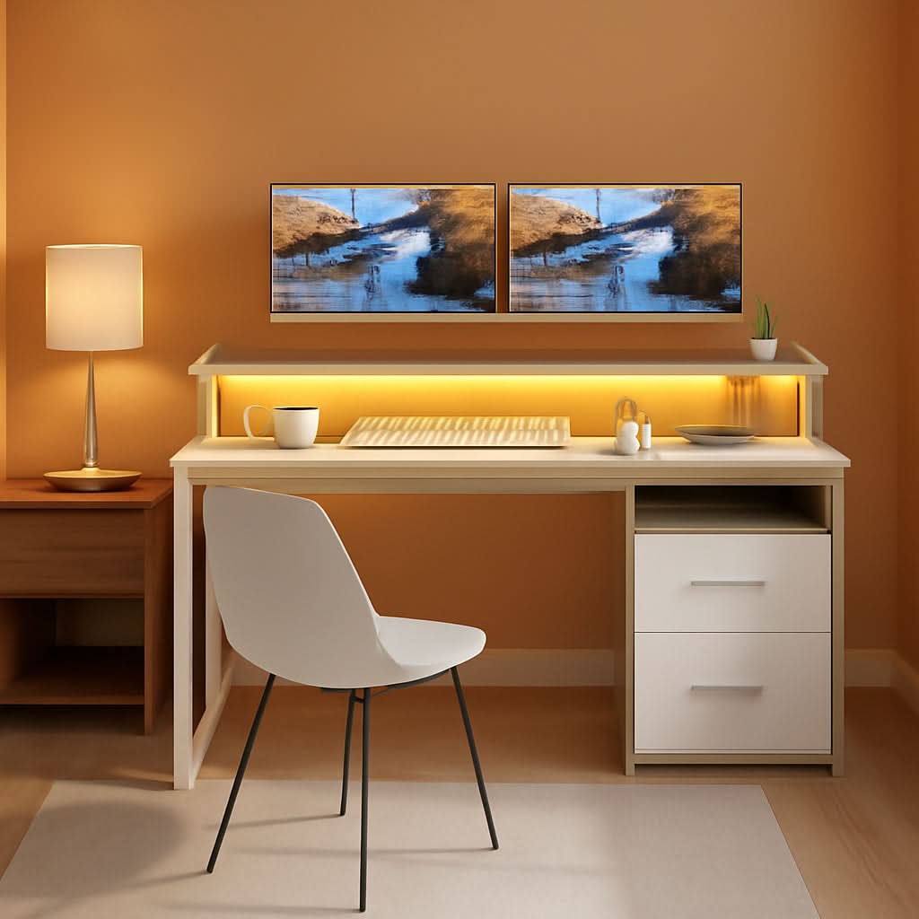 Modern Computer Desk with Drawers Power Outlets LED Light