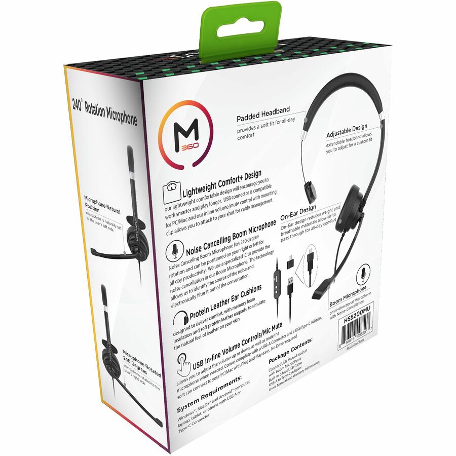 Morpheus 360 Connect USB Mono Headset with Boom Microphone - Noise Cancelling -
