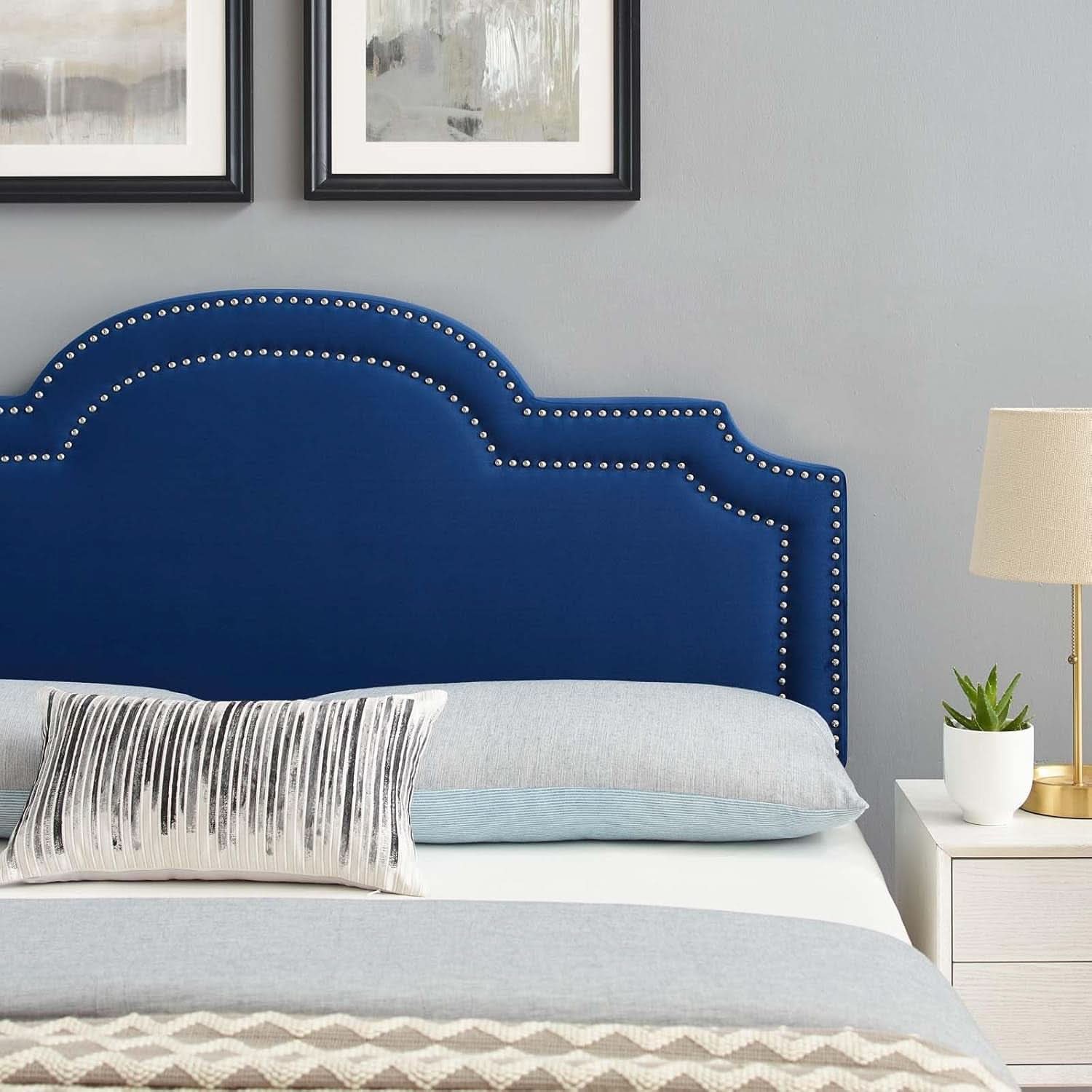 Navy Velvet King Headboard with Nailhead Trim and Foam