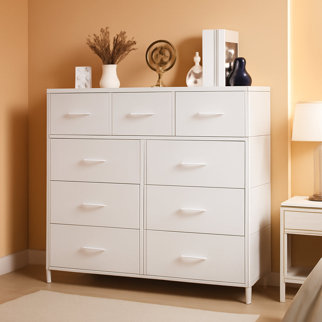 Nine Drawer Fabric Dresser With Steel Frame And Walnut Top