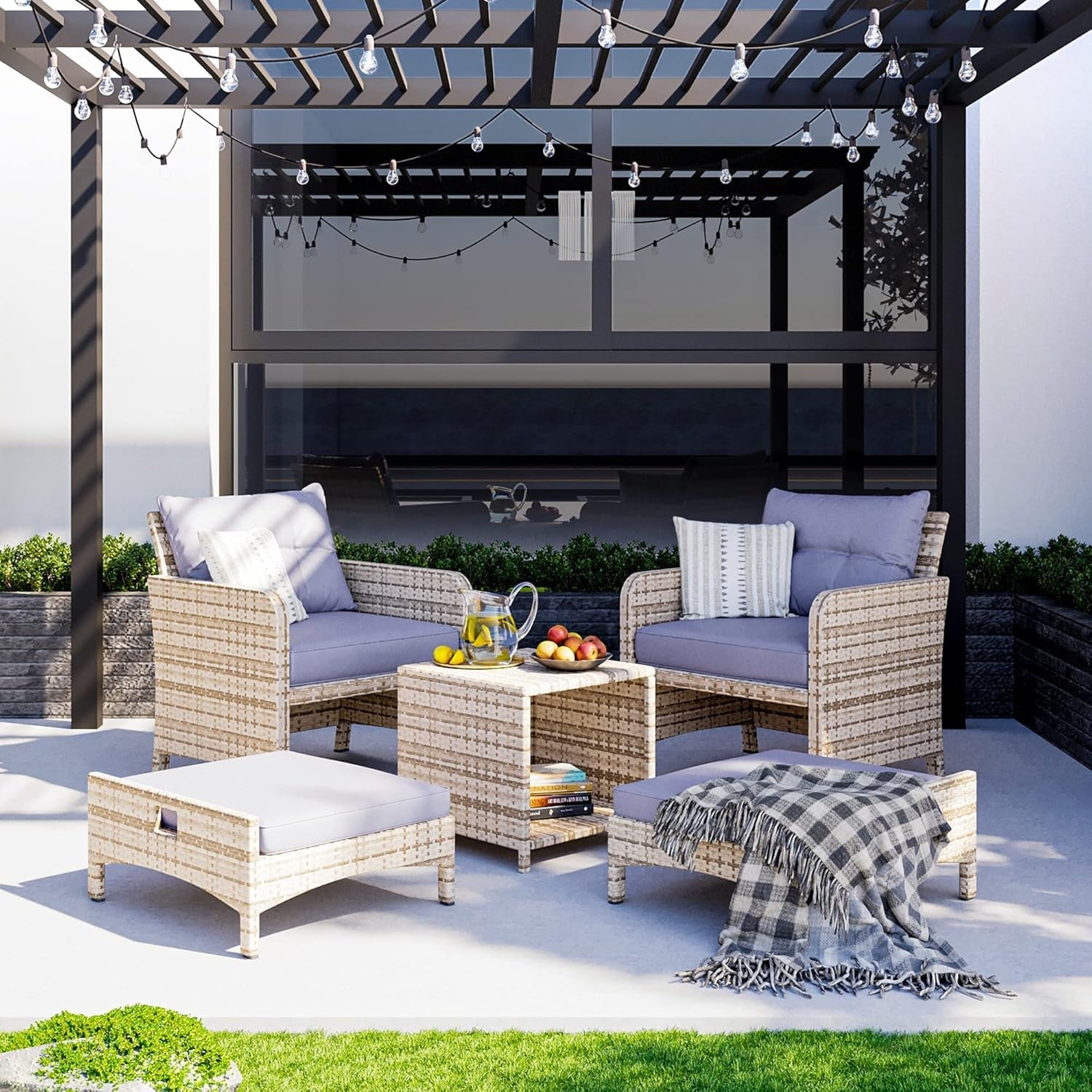Outdoor Wicker Chair Set With Ottoman Purple Cushions
