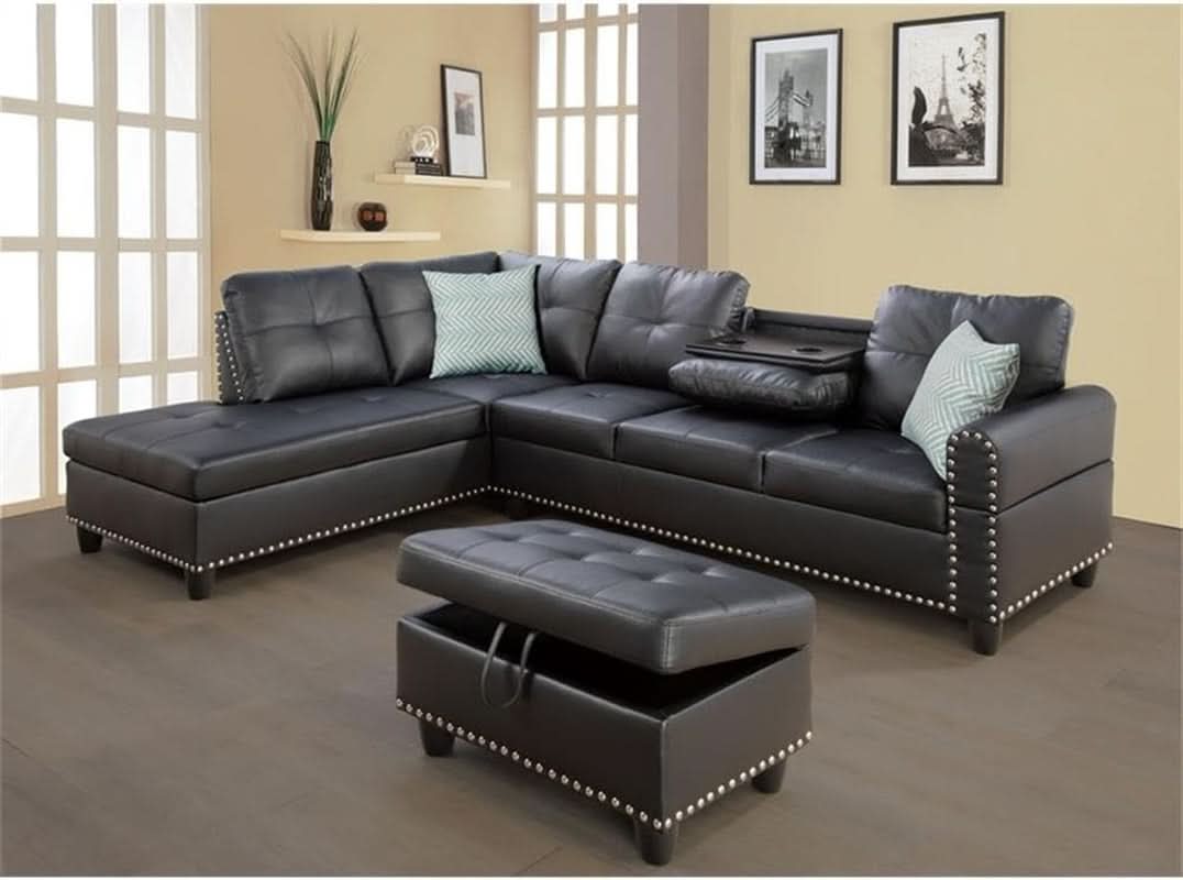 PU Faux Leather Sectional Sofa With Lift Top Storage Black