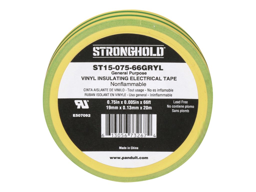 Panduit StrongHold ST15 Series - Electrical insulation tape - 0.75 in x 66 ft - polyvinyl chloride (PVC) - green, yellow ST15-075-66GRYL