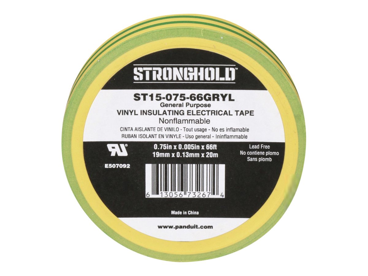 Panduit StrongHold ST15 Series - Electrical insulation tape - 0.75 in x 66 ft - polyvinyl chloride (PVC) - green, yellow ST15-075-66GRYL