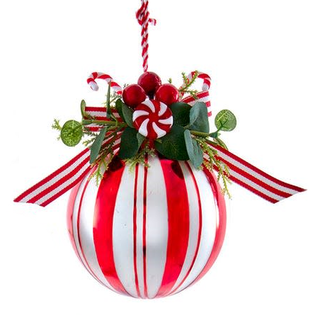 Peppermint Glass Ball With Candy and Greenery Ornament -