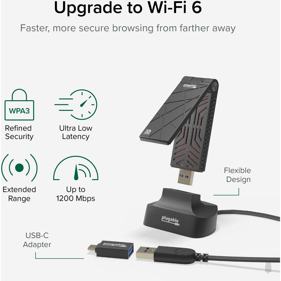 Plugable WiFi 6 USB WiFi Adapter for Desktop PC and Laptops, AX1800 USB 3.0 and USB C -