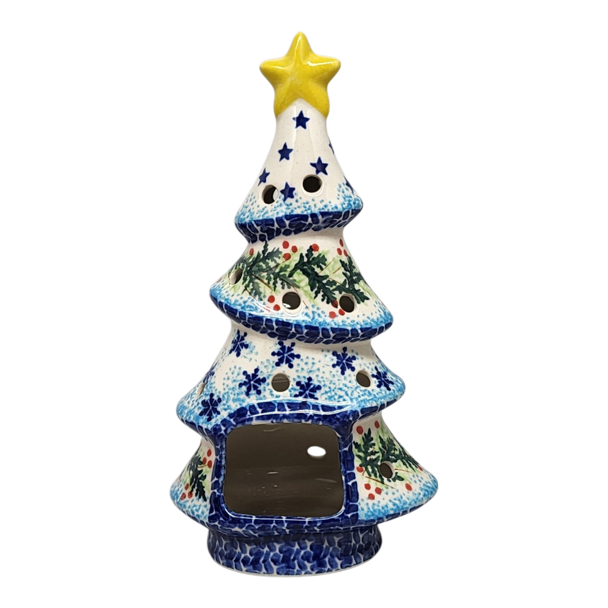 Polish Pottery Christmas Tree Luminary - Winter Wonderland Pattern