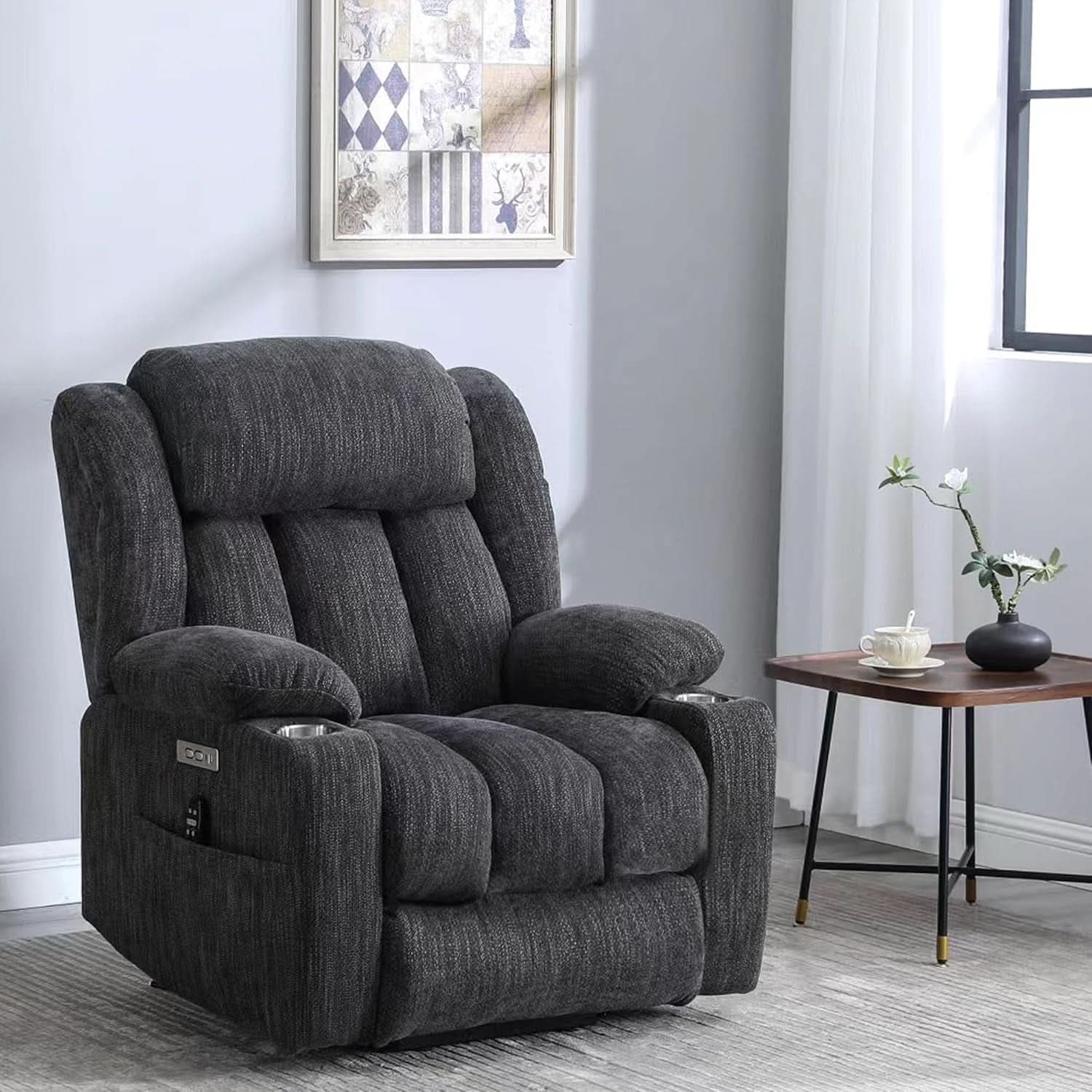 Power Lift Recliner Chair With Full Body Massage And Heat Remote Control In Chenille Grey