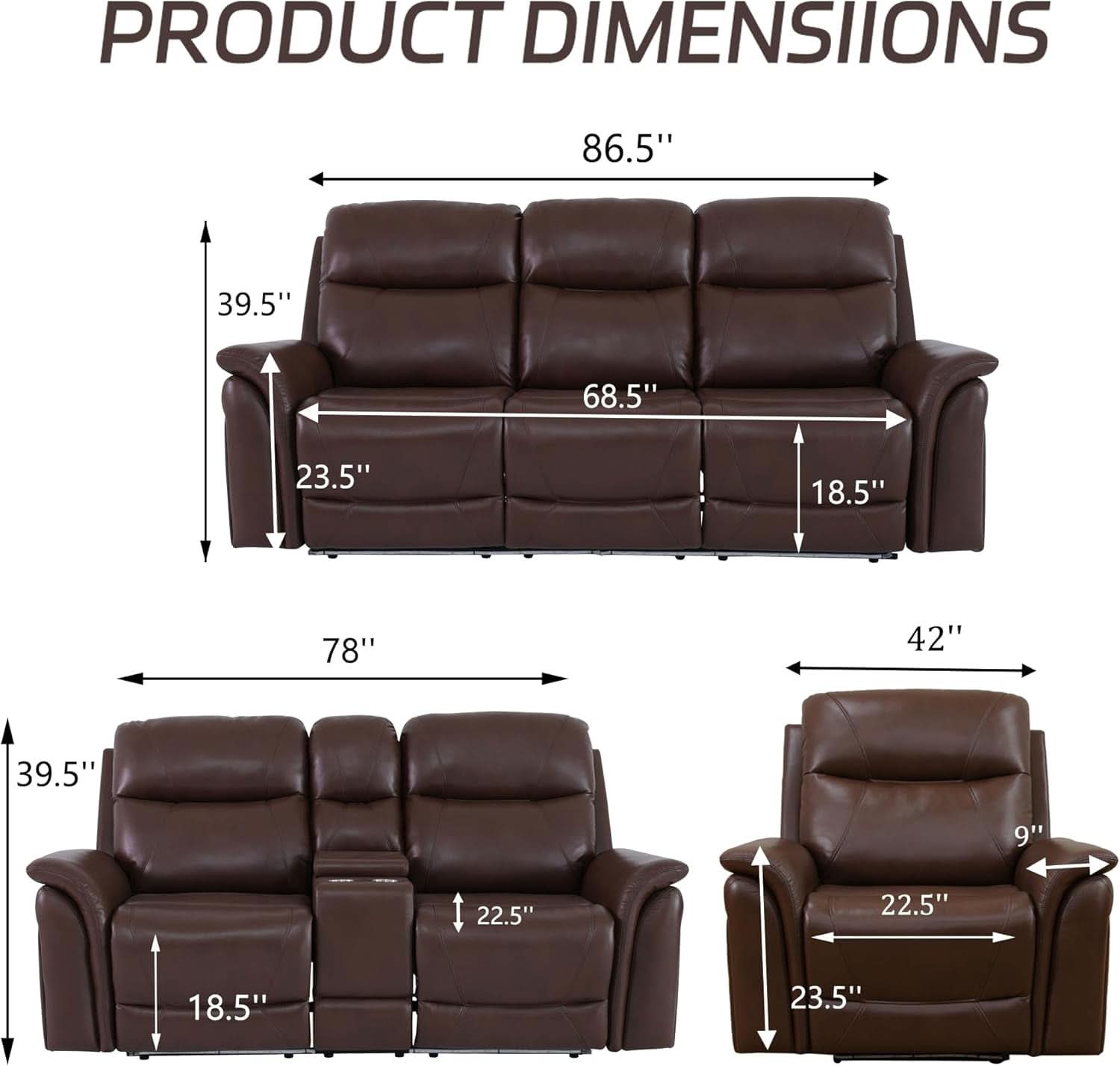 Power Recliner Sofa Set With LED Leather 3 Piece Brown Living Room