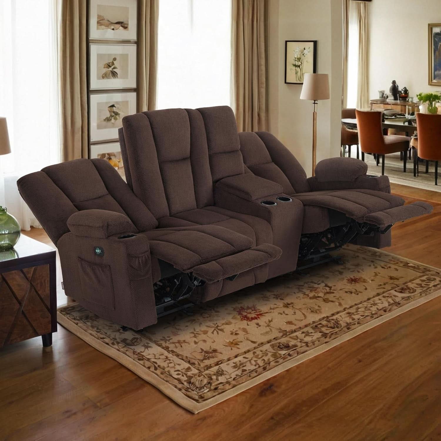 Power Reclining Sofa With Heat And Vibration Usb Ports And Cup Holders Brown