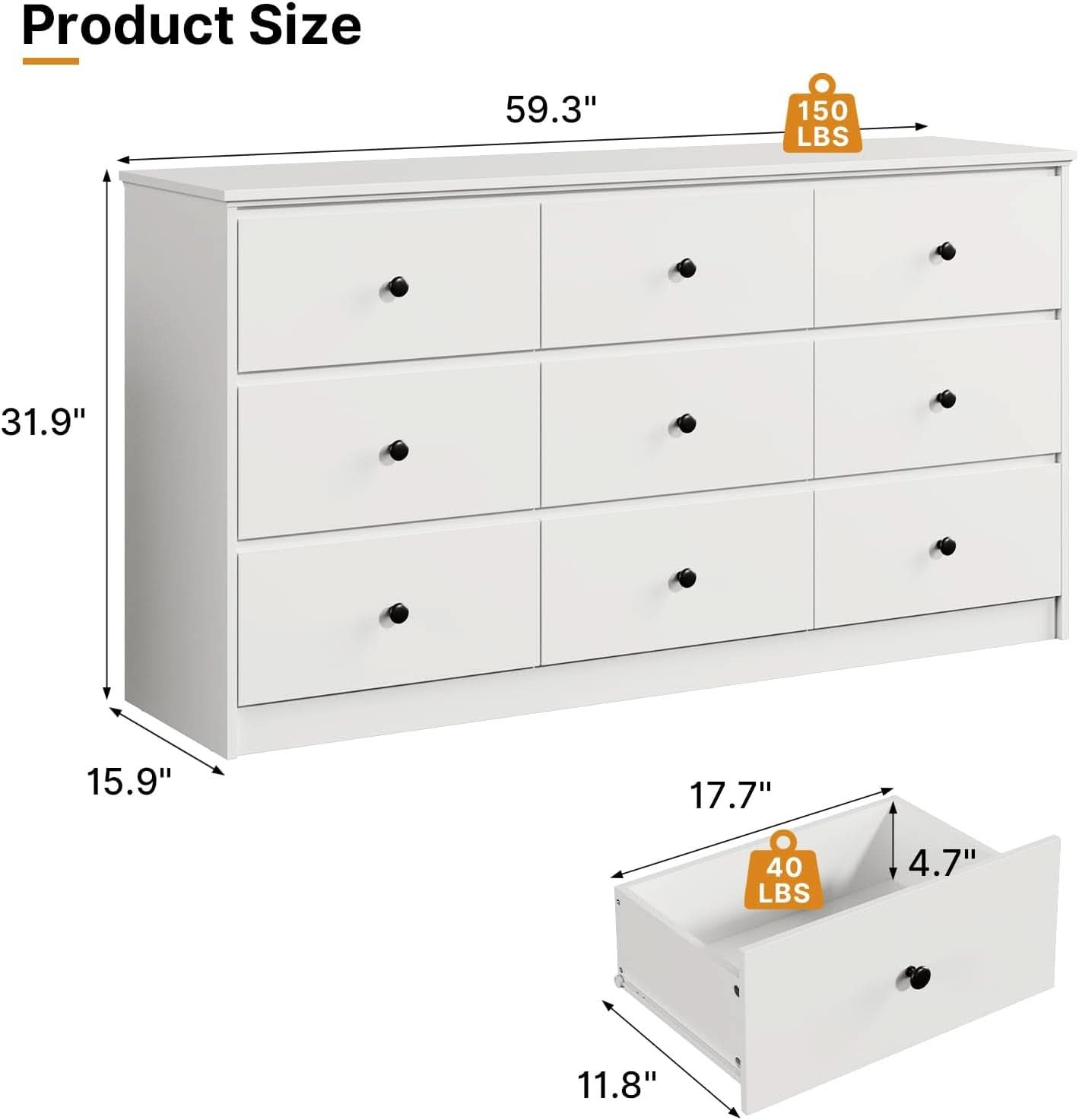 Pure White Nine Drawer Dresser 59 Inches Gold Handles