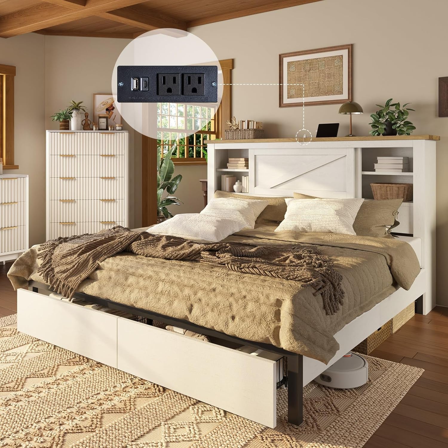 Queen Bed Frame With Hidden Headboard Charging Station