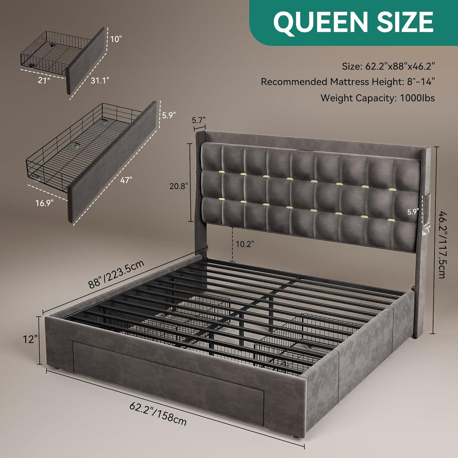 Queen Size Velvet Upholstered Bed Frame With Storage