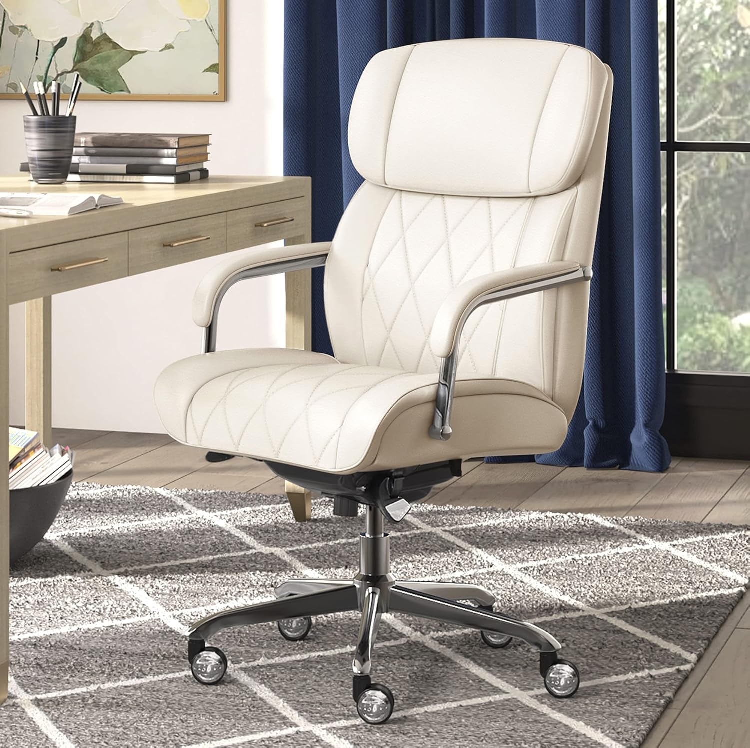 Quilted Leather Executive Chair Ivory White Lumbar Support