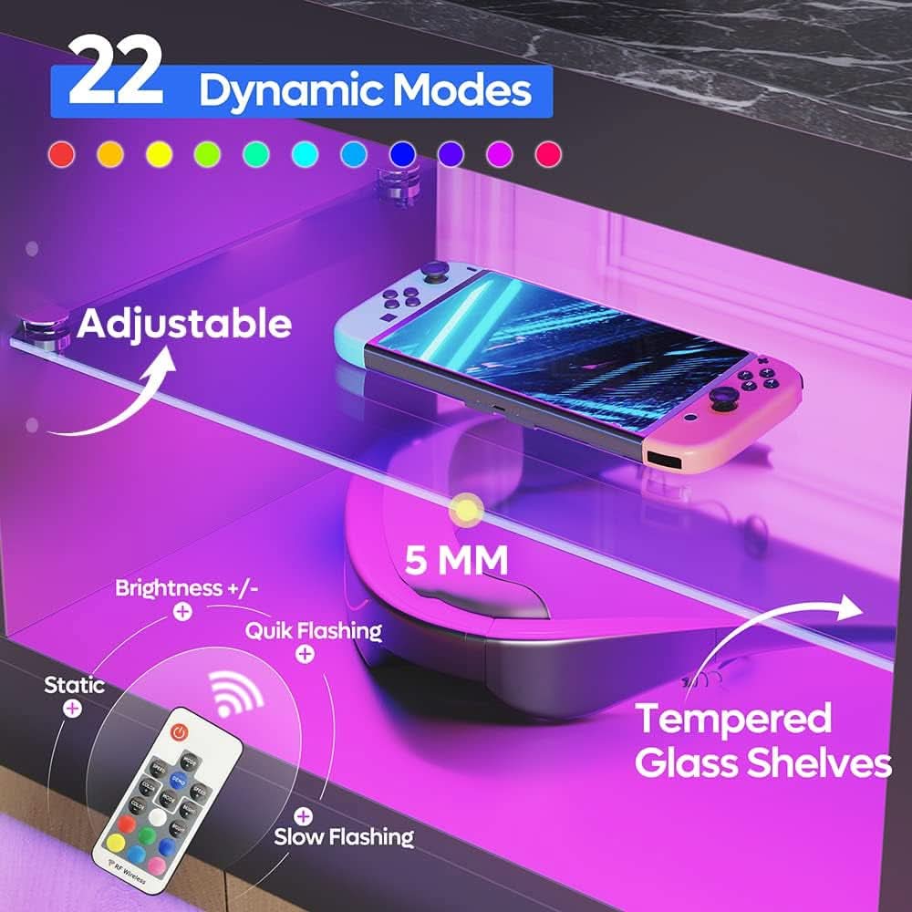 RGB LED Gaming TV Stand For 55Inch TV With Adjustable Glass Shelves Black Marble