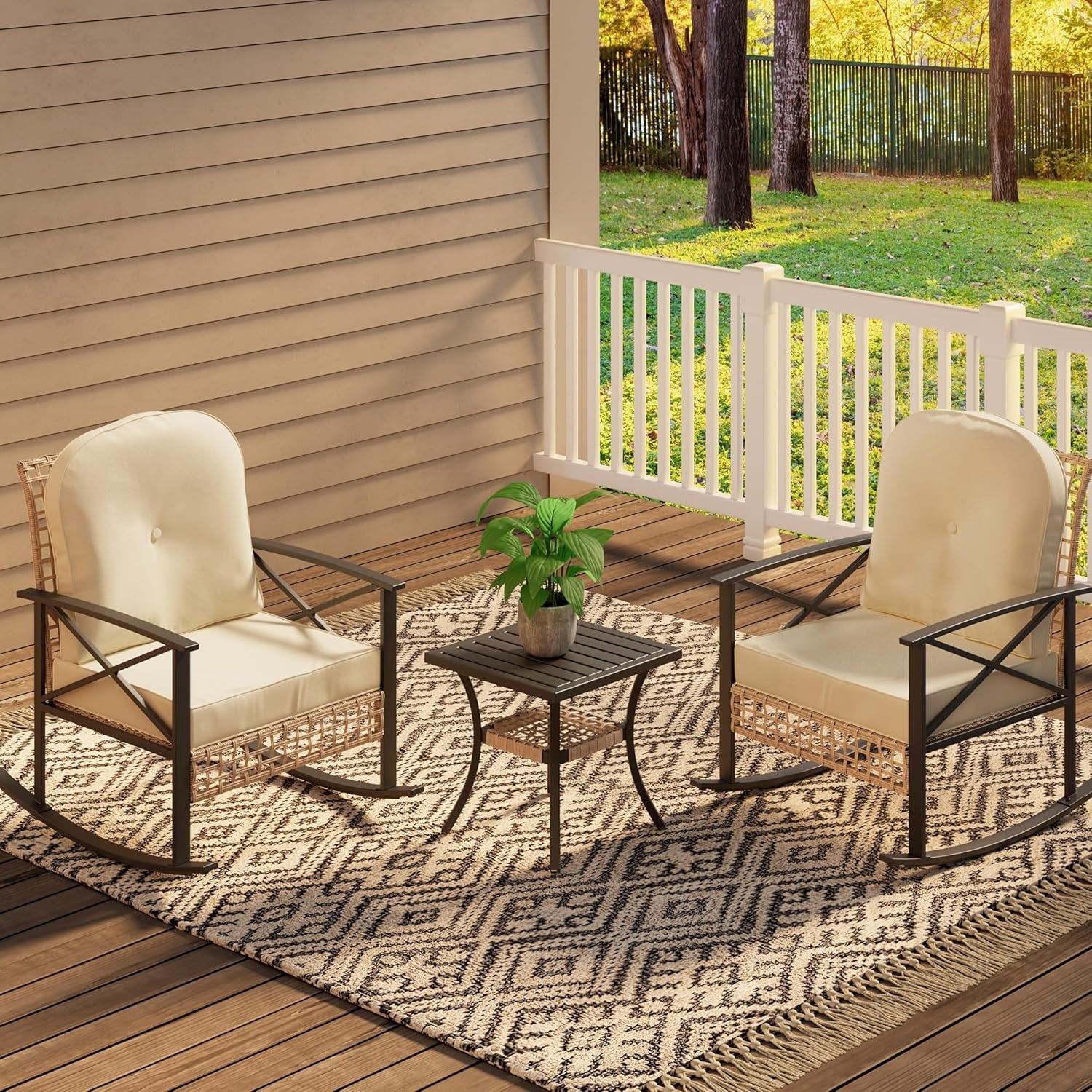 Rattan Rocking Bistro Set With Cushions For Outdoors