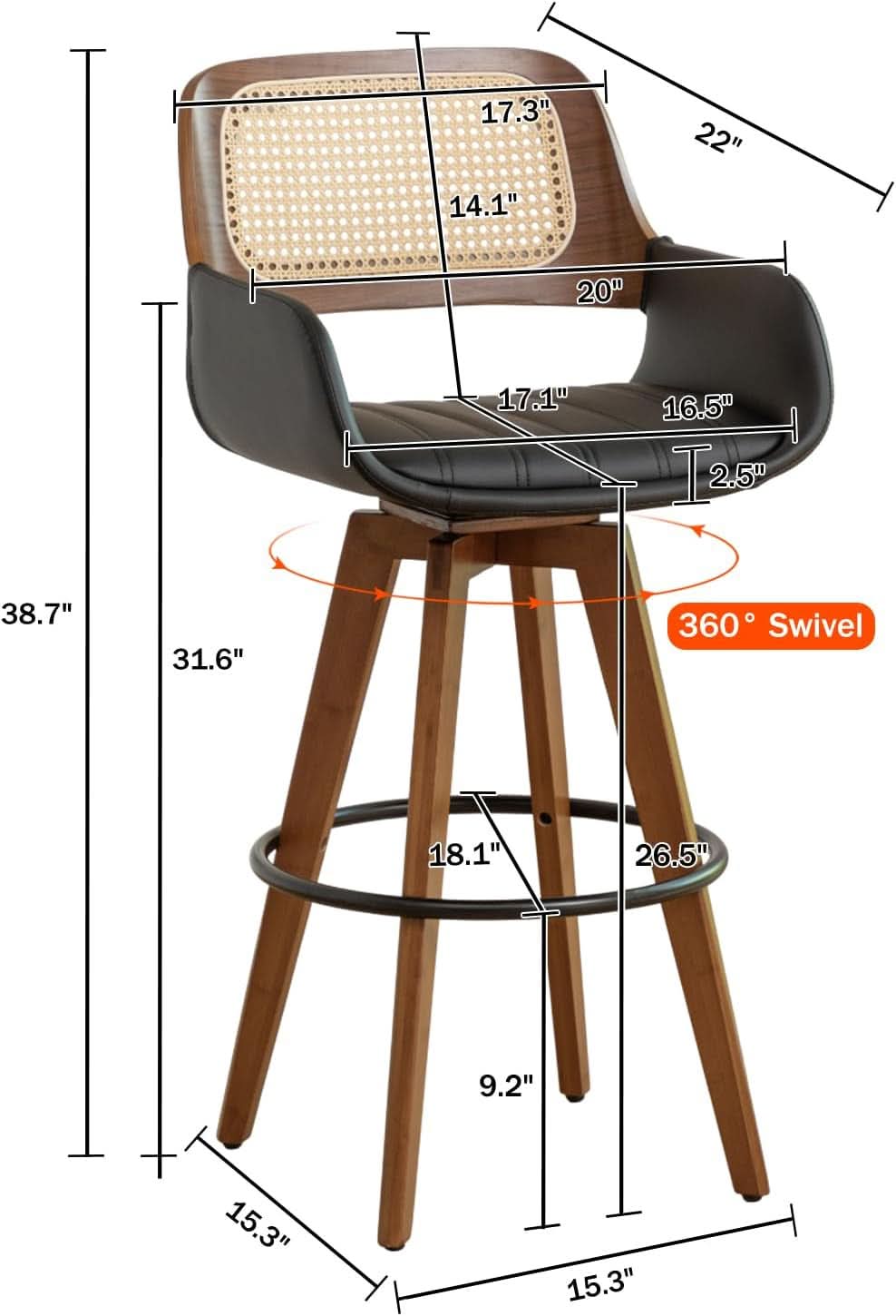 Rattan Swivel Bar Stools with Cane Backrest Design
