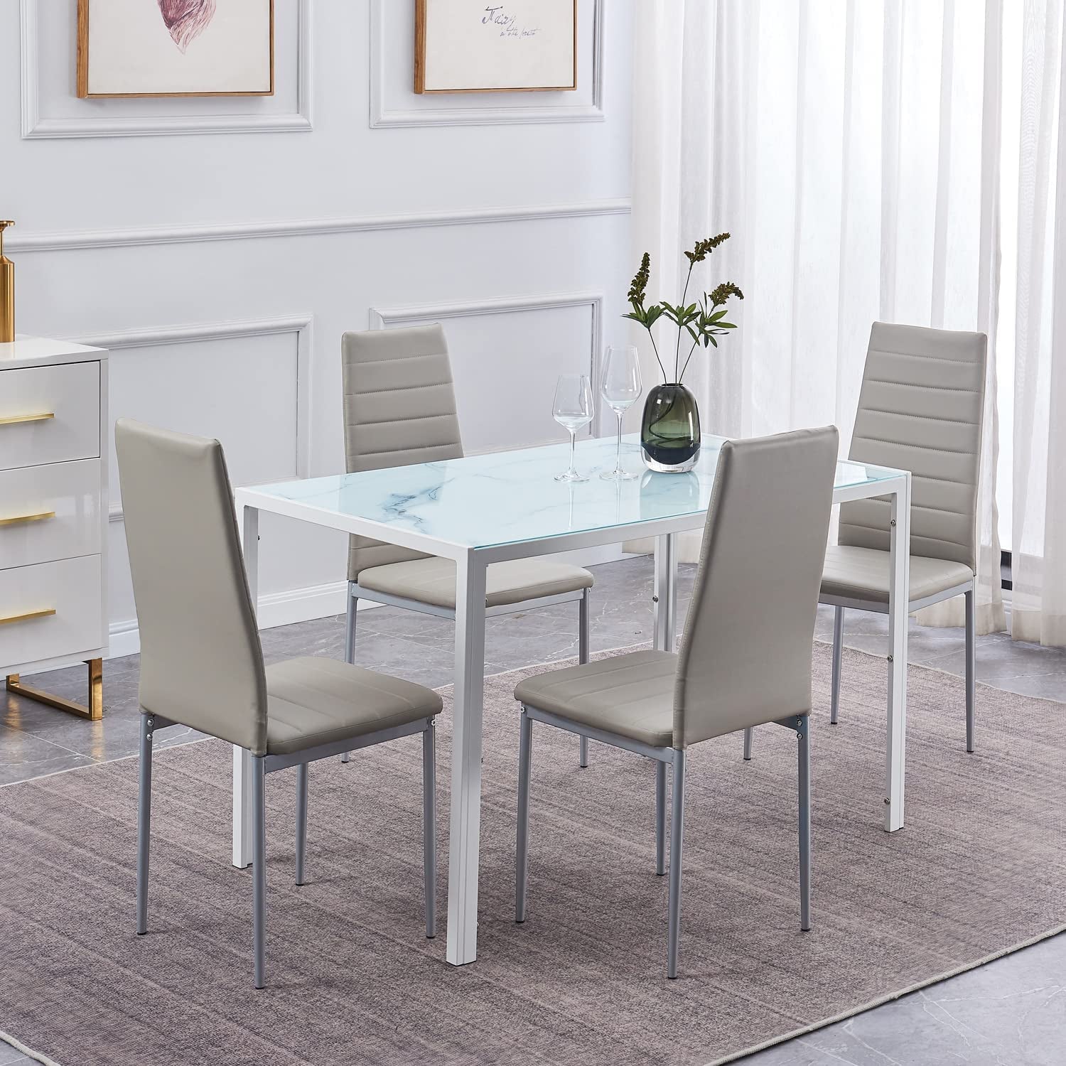 Rectangular White Tempered Glass Kitchen Dining Table For 4