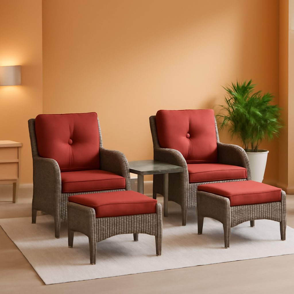 Red 5 Piece Wicker Patio Furniture Set With Swivel Rockers