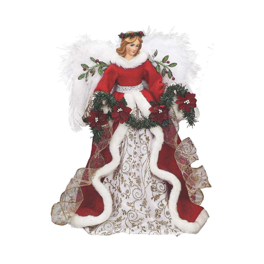 Red Angel With Poinsettia Garland Christmas Tree Topper