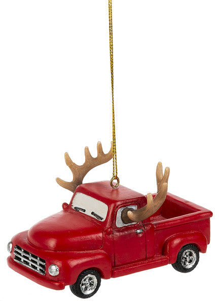 Red Pickup with Antlers Ornament