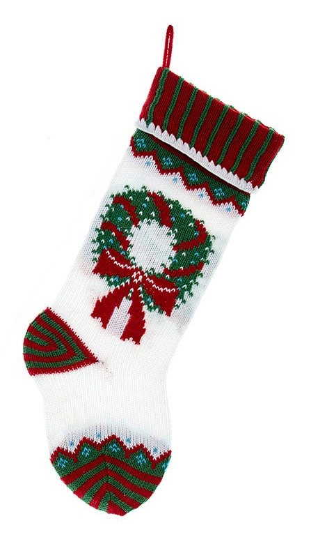 Red, White and Green Knit Stocking - Wreath