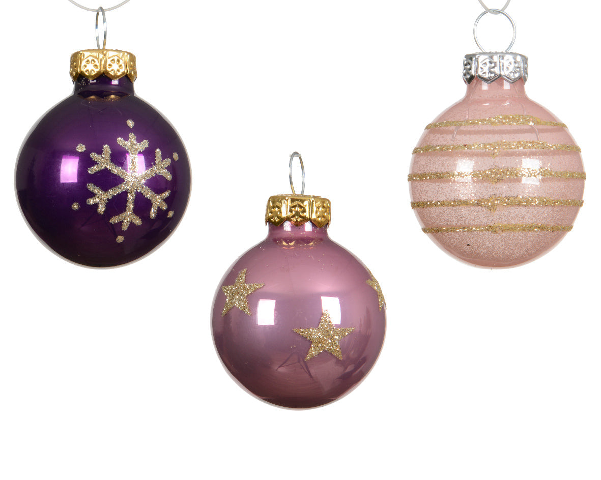 Regal Purple and Pink - Tube of 9 Glass Ornaments
