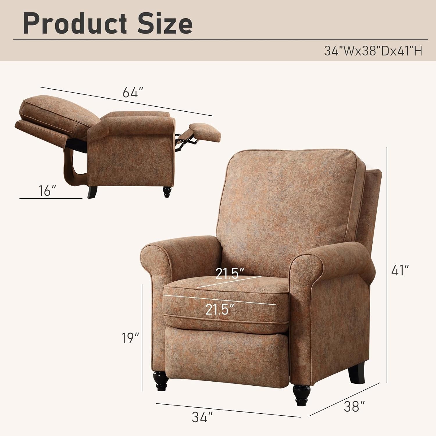 Retro Brown Push Back Recliner Chair Textured Fabric